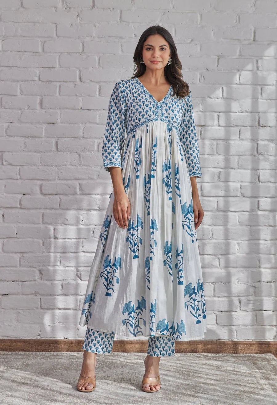 Classy White Hand Block Printed Cotton Kurta Dupatta Set for Festive Wear