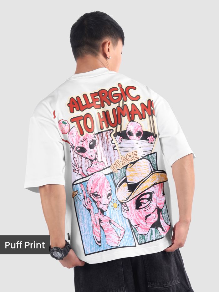 Oversized White Tee Allergic To Human Puff Print Comfortable Fit