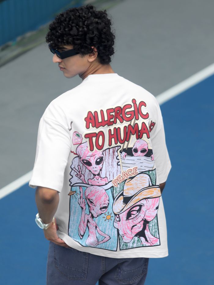 Oversized White Tee Allergic To Human Puff Print Comfortable Fit