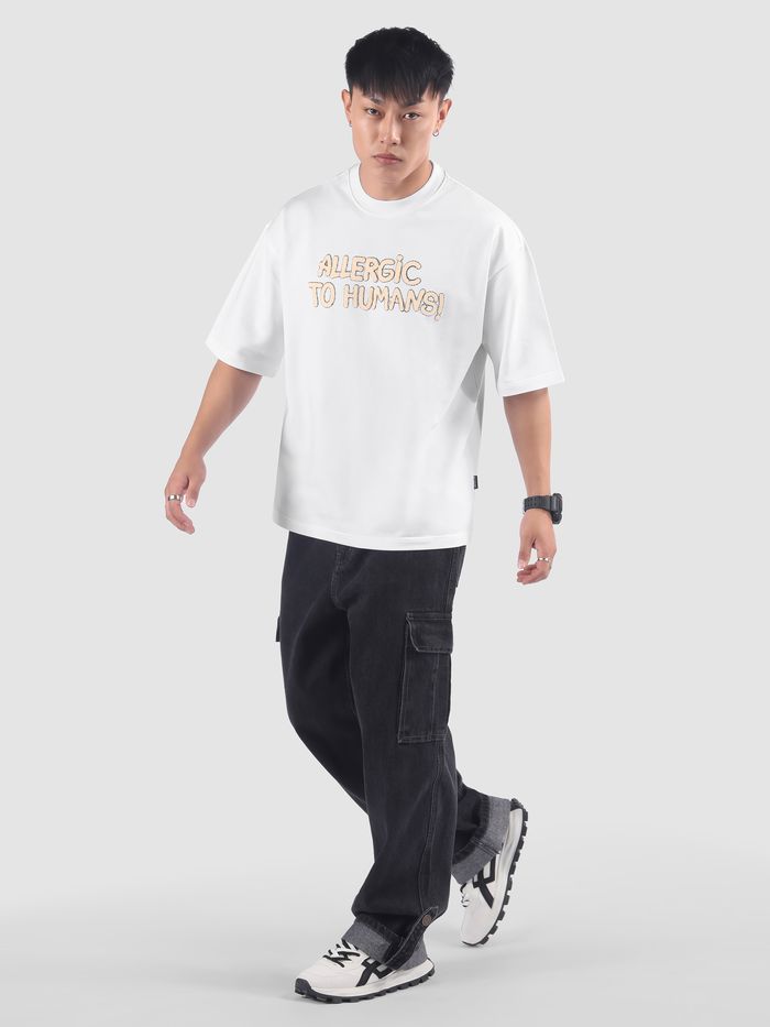 Oversized White Tee Allergic To Human Puff Print Comfortable Fit