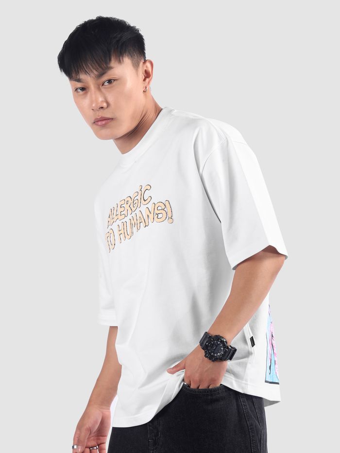 Oversized White Tee Allergic To Human Puff Print Comfortable Fit