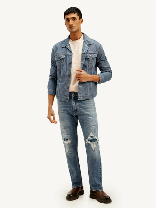 Trendy Mens Blue Loose Fit Mid Rise Jeans Comfortable Cotton Blend