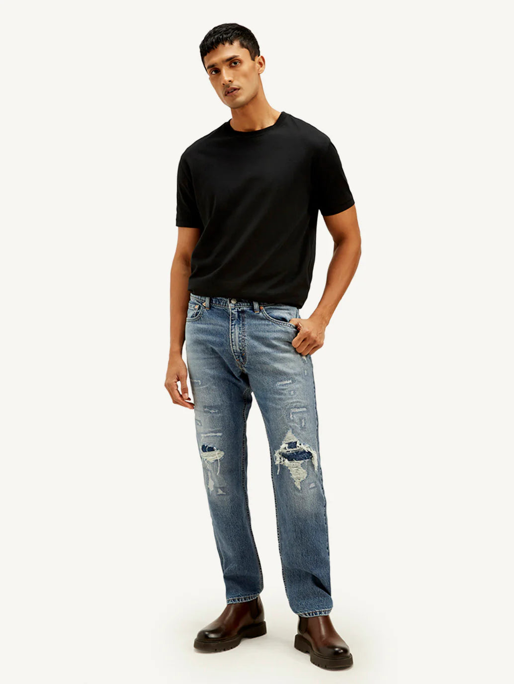 Trendy Mens Blue Loose Fit Mid Rise Jeans Comfortable Cotton Blend