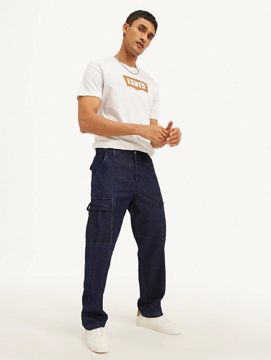 Durable Navy Blue Straight Fit Mid Rise Cargo Jeans for Men Everyday Wear