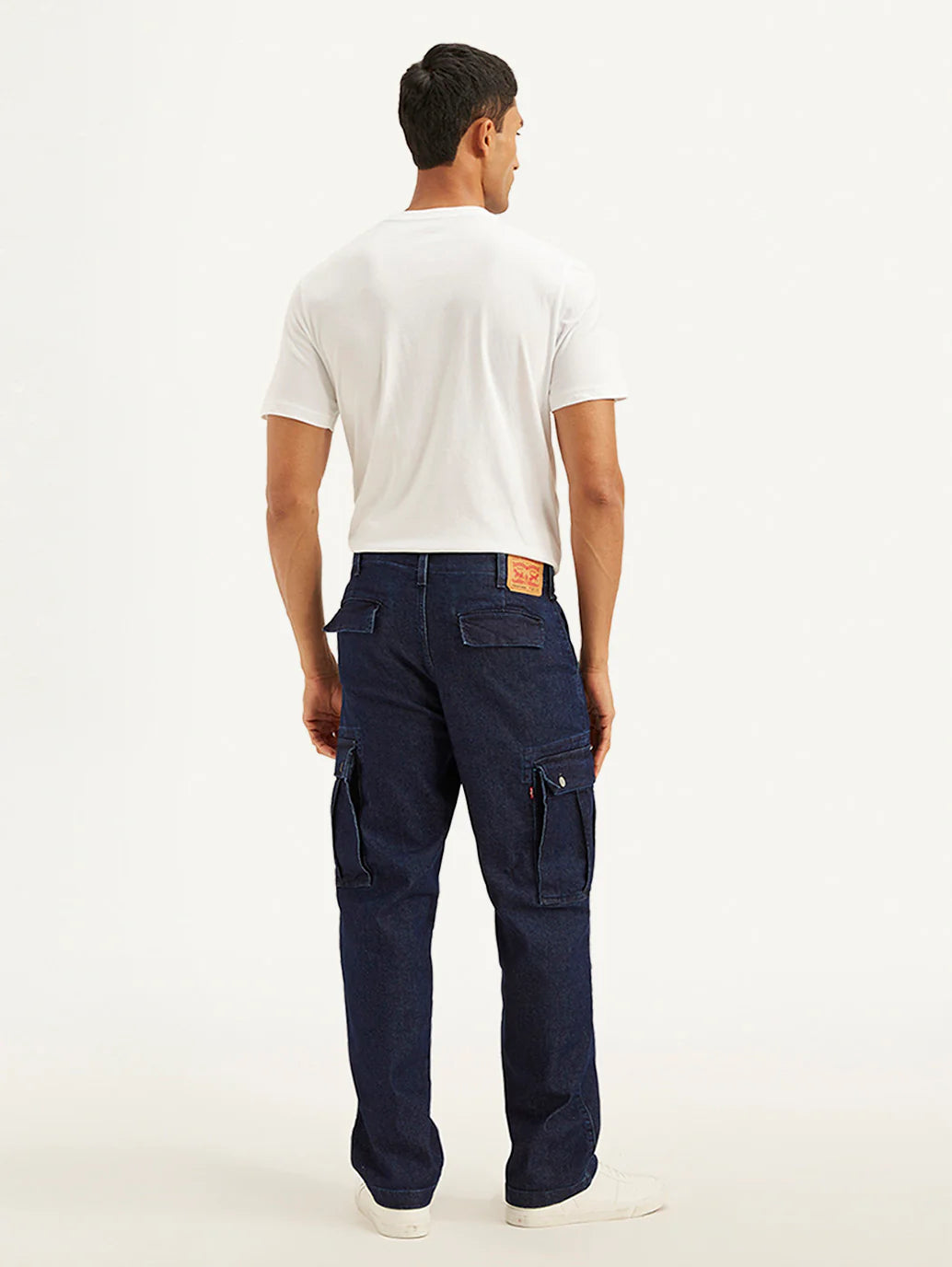 Durable Navy Blue Straight Fit Mid Rise Cargo Jeans for Men Everyday Wear