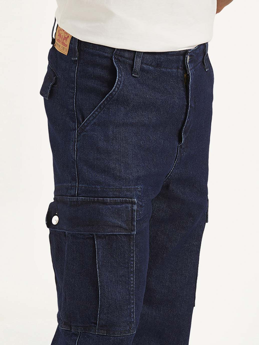 Durable Navy Blue Straight Fit Mid Rise Cargo Jeans for Men Everyday Wear