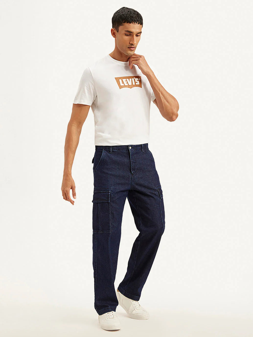 Durable Navy Blue Straight Fit Mid Rise Cargo Jeans for Men Everyday Wear