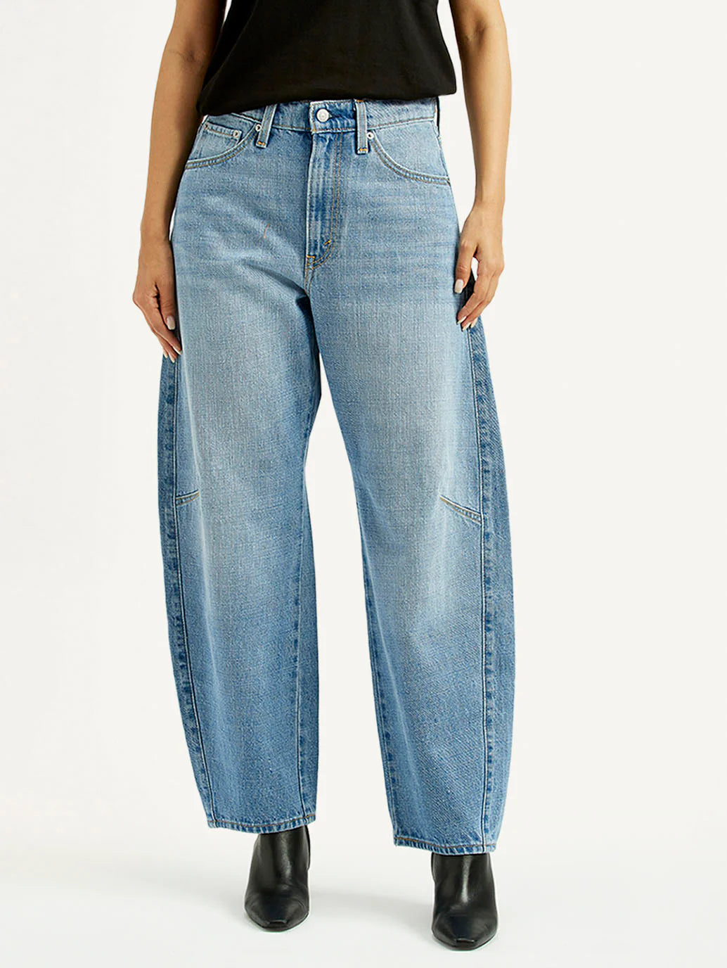 Womens Relaxed Fit Light Blue Barrel Jeans Mid Rise Cinch Waist Comfortable Denim