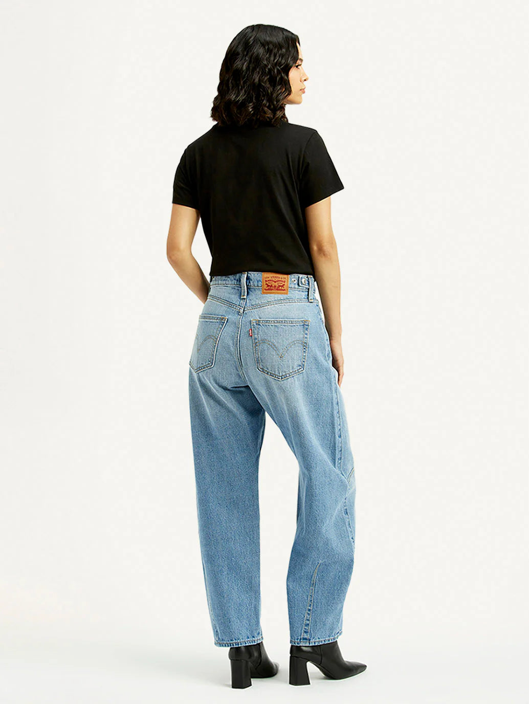 Womens Relaxed Fit Light Blue Barrel Jeans Mid Rise Cinch Waist Comfortable Denim