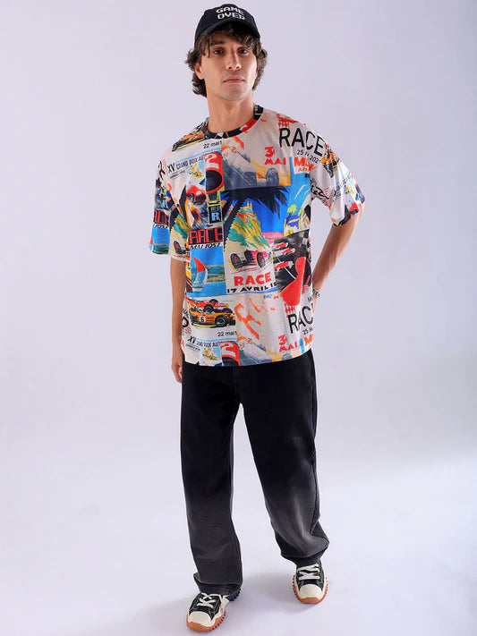 Casual Beige Oversized T Shirt Mens Abstract Printed Round Neck