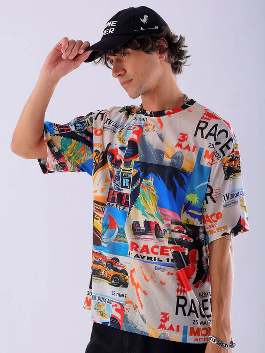 Casual Beige Oversized T Shirt Mens Abstract Printed Round Neck
