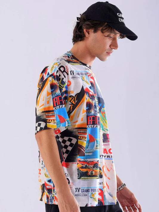Casual Beige Oversized T Shirt Mens Abstract Printed Round Neck