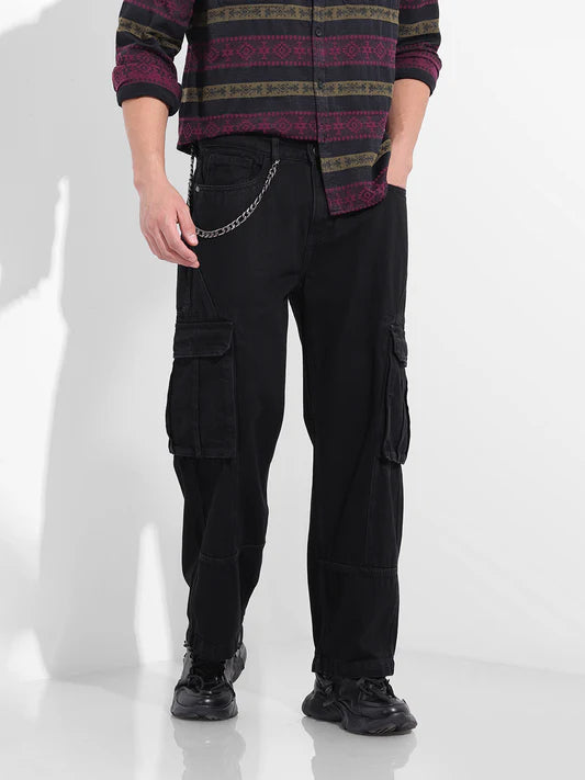 Solid Black Utility Inspired Relaxed Fit Jeans for Men Perfect for Modern Street Style