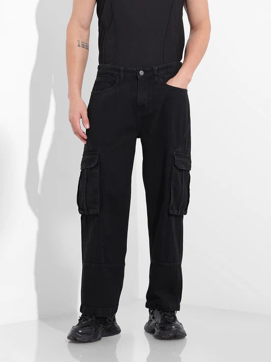 Solid Black Utility Inspired Relaxed Fit Jeans for Men Perfect for Modern Street Style