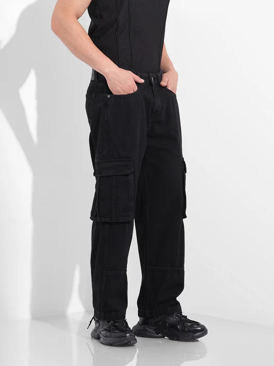 Solid Black Utility Inspired Relaxed Fit Jeans for Men Perfect for Modern Street Style