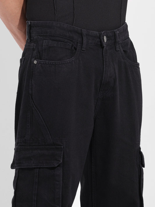 Solid Black Utility Inspired Relaxed Fit Jeans for Men Perfect for Modern Street Style