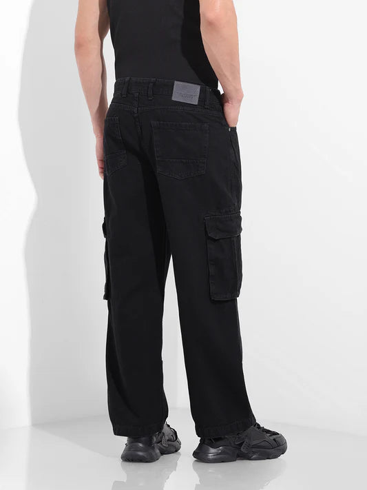 Solid Black Utility Inspired Relaxed Fit Jeans for Men Perfect for Modern Street Style
