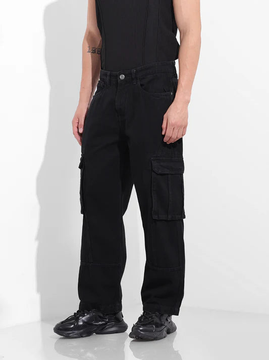 Solid Black Utility Inspired Relaxed Fit Jeans for Men Perfect for Modern Street Style
