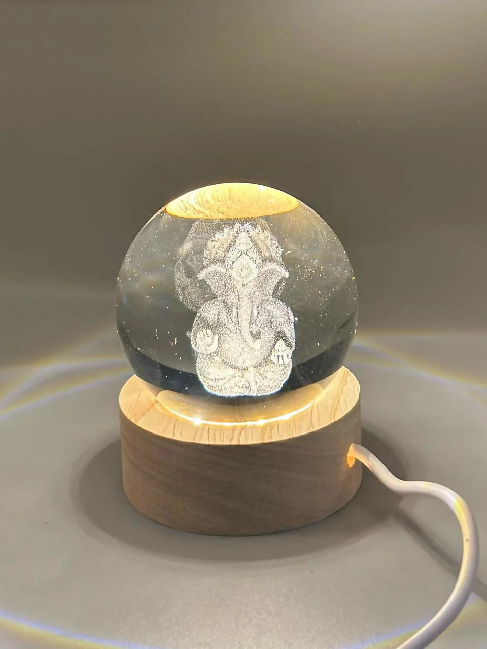 Decorative Crystal Ball Night Lamp with 3D Ganesha Engraving and LED Light
