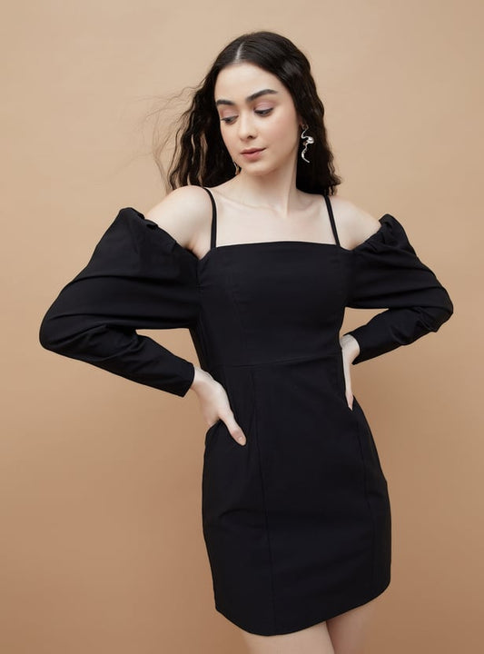 Comfortable Solid Cold Shoulder Mini Dress Lightweight Fabric Stylish Design Perfect for Parties and Outings