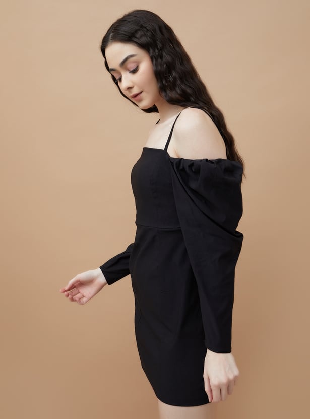 Comfortable Solid Cold Shoulder Mini Dress Lightweight Fabric Stylish Design Perfect for Parties and Outings