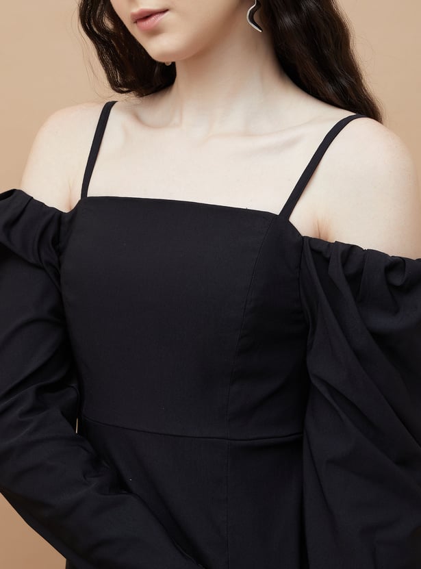 Comfortable Solid Cold Shoulder Mini Dress Lightweight Fabric Stylish Design Perfect for Parties and Outings