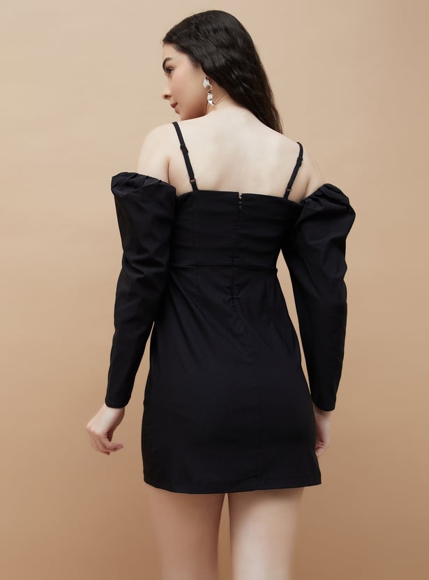 Comfortable Solid Cold Shoulder Mini Dress Lightweight Fabric Stylish Design Perfect for Parties and Outings