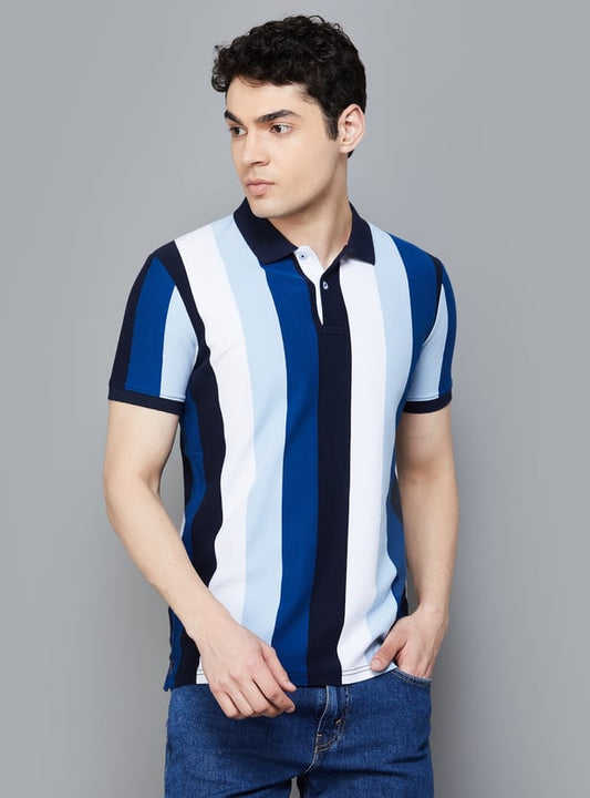 Mens Striped Polo Tee Comfortable Cotton Casual Wear