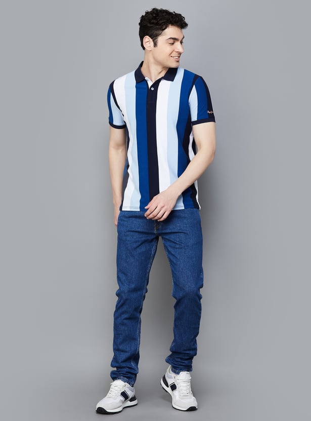 Mens Striped Polo Tee Comfortable Cotton Casual Wear