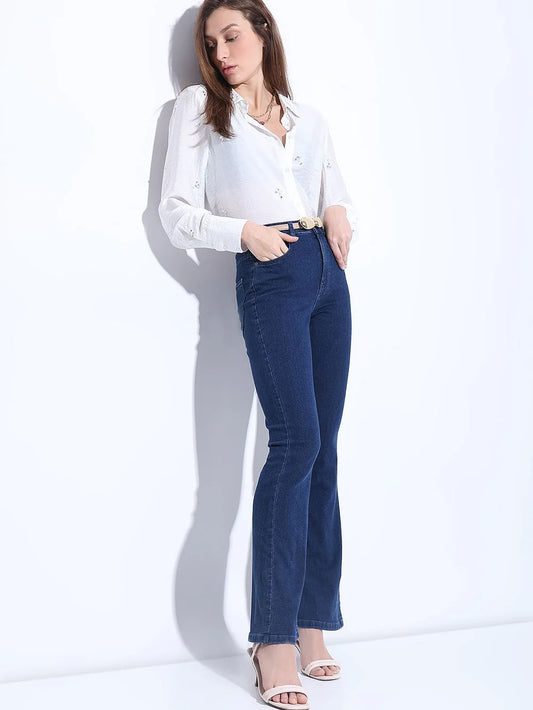 Dark Blue High Rise Flared Denim Pants Comfortable Loose Fit with Modern Design