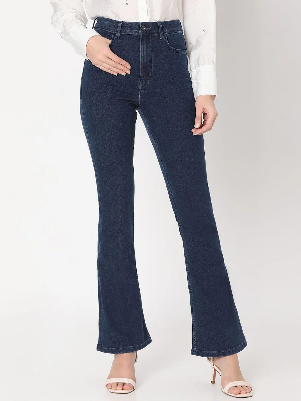 Dark Blue High Rise Flared Denim Pants Comfortable Loose Fit with Modern Design