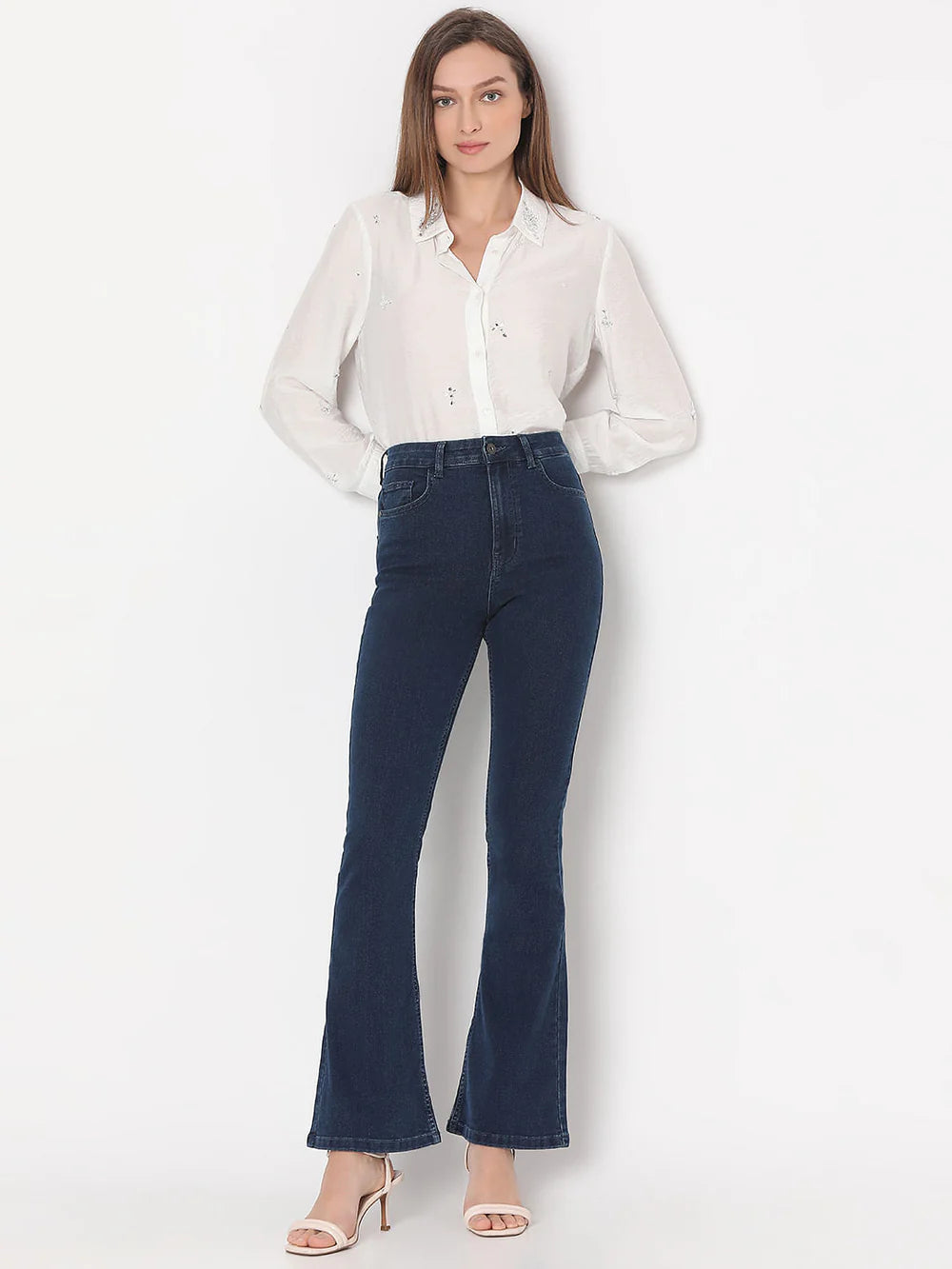 Dark Blue High Rise Flared Denim Pants Comfortable Loose Fit with Modern Design