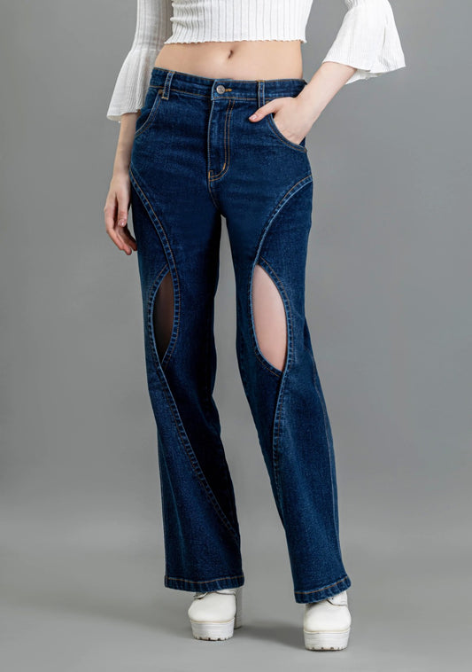 Elegant Blue Wide-Leg Jeans for Women with Stylish Thigh Open Feature