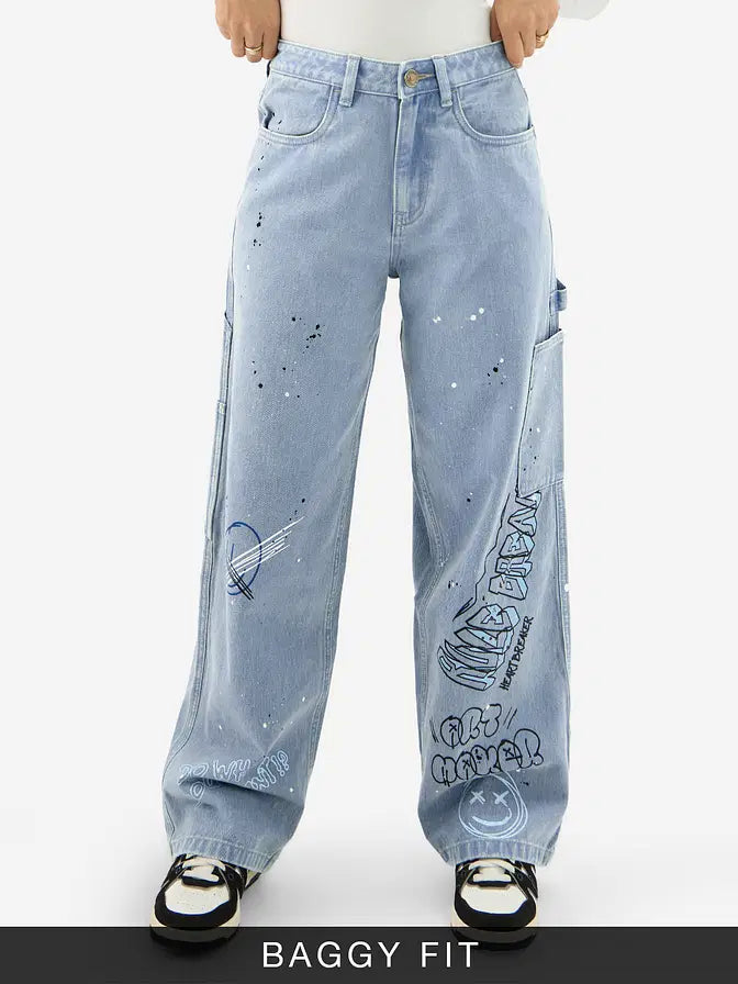 Trendy Women’s Denim Baggy Fit Jeans with Bold Graffiti Design Everyday Street Style
