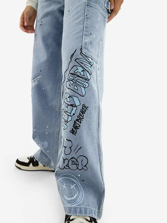 Trendy Women’s Denim Baggy Fit Jeans with Bold Graffiti Design Everyday Street Style