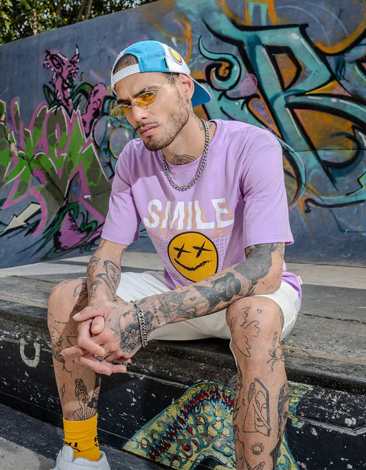 Lilac Oversized T-Shirt with Smile Chest Graphic Print Comfortable and Trendy