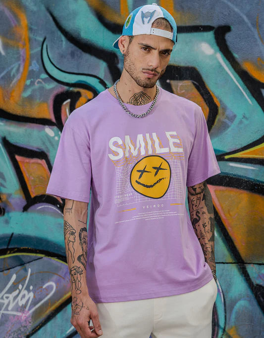 Lilac Oversized T-Shirt with Smile Chest Graphic Print Comfortable and Trendy