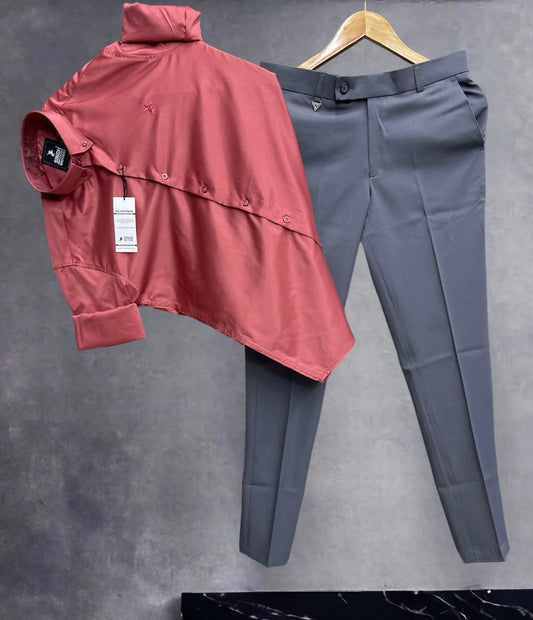 Men’s Combo Pack Featuring Blush Shirt and Dark Grey Trouser Designed for Smart Casual and Office Wear