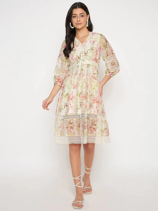 Trendy Women’s Off White Floral Print Laced Mini Dress Perfect for Casual and Formal Settings