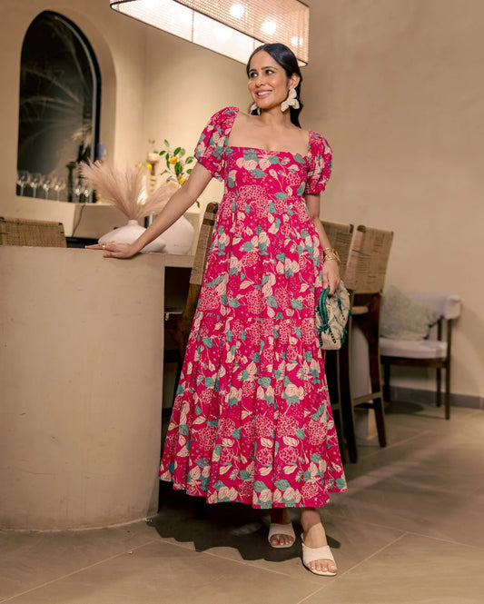 Rose Mist Pink Cotton Printed Dress for Women with Modern Western Style