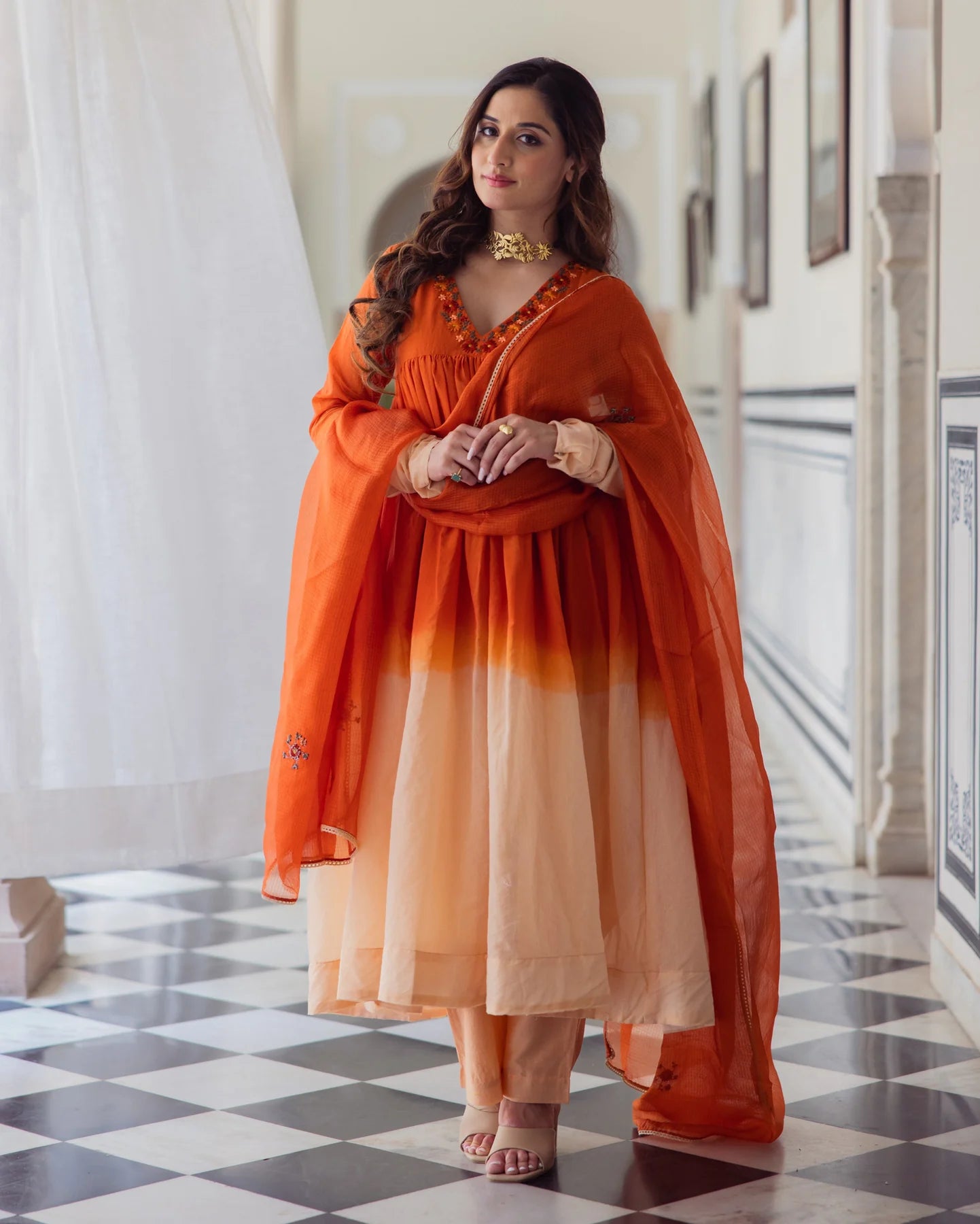Women’s Drape Style Ombre Orange Chanderi Suit Set with Elegant Embroidered Finish