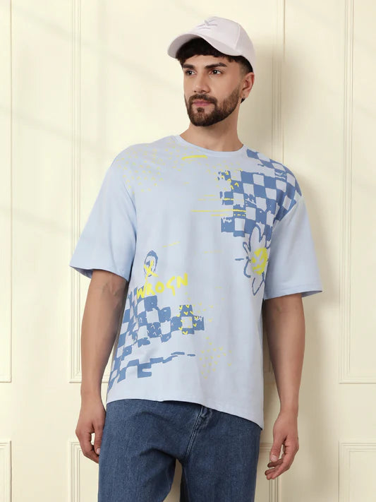 Placement Print Blue T Shirt Heavy GSM Mens Relaxed Fit