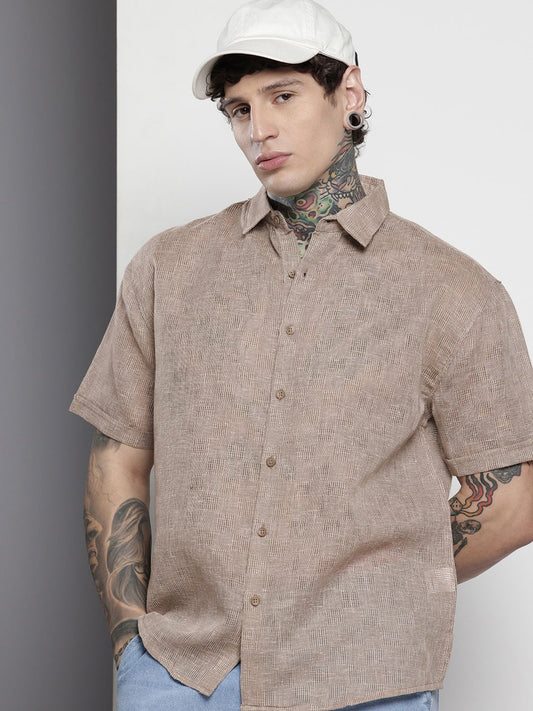 Men’s Brown Textured Shirt with Loose Relaxed Fit Perfect for Vacation and Daily Wear