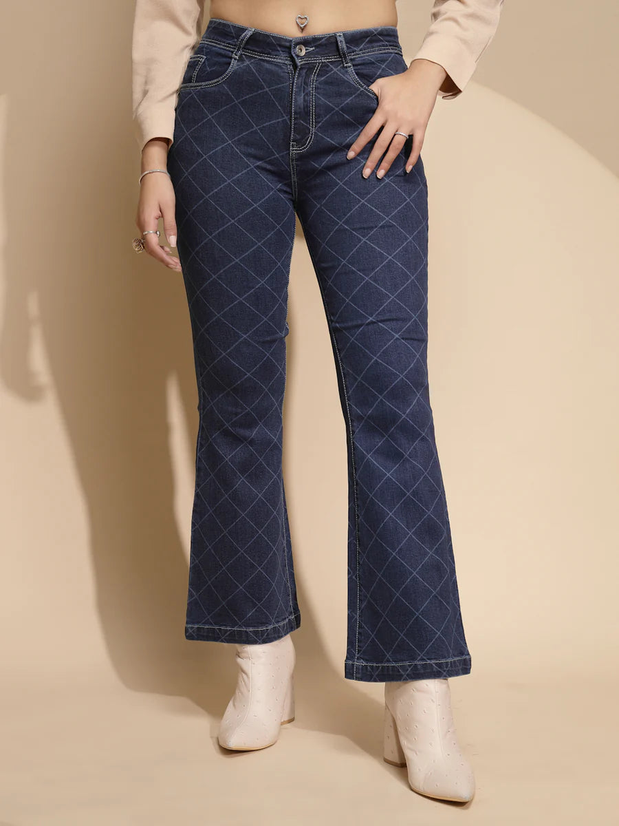 Designer Blue Bootcut Jeans with Checkered Print Comfortable and Stylish Women’s Pants