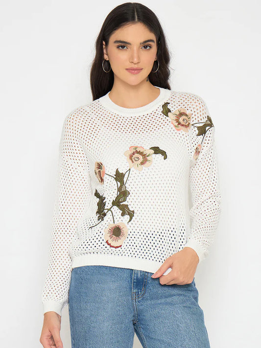Fashionable Women’s Embroidered Semi Sheer Off White Knitted Top Comfortable Casual Loose Fit Top