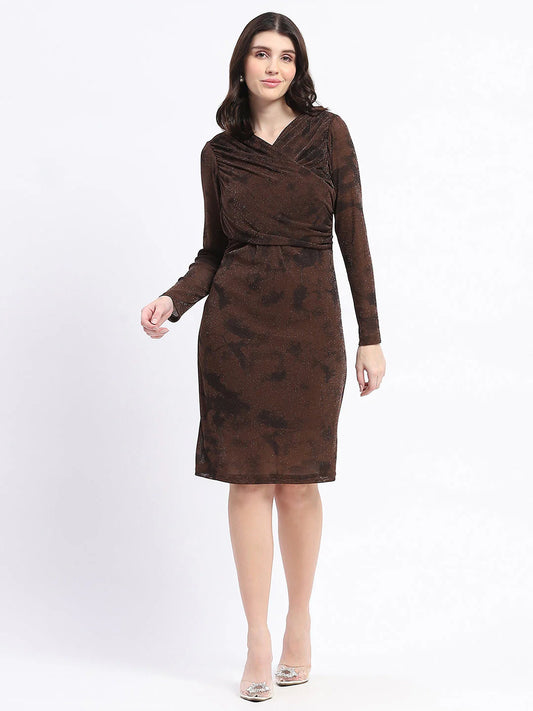 Fashionable Nylon Blend Front Overlapping Brown Mini Bodycon Mesh Dress Sleek Fit Perfect for Parties and Gatherings