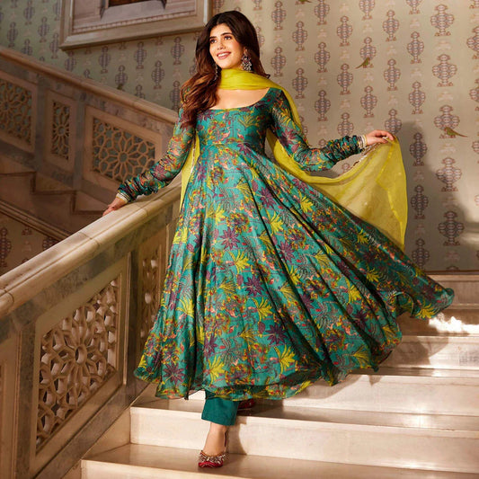 Rama Green Digital Printed Floral Anarkali Style Suit in Chanderi Fabric