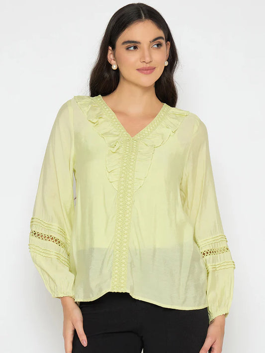 Trendy Casual Women’s Frill Neck Cool Matcha Viscose Blend Top Loose Fit Summer Top