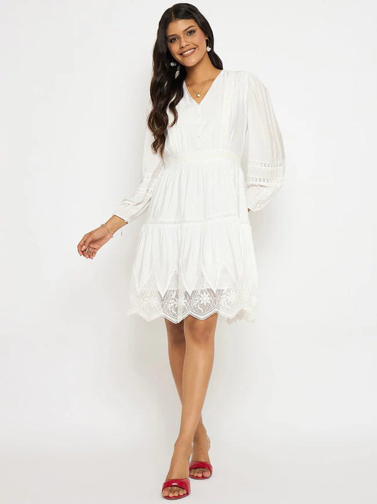 White Rayon Blend Dress with Lace Detailing Women’s Outfit Perfect for Office, Outings, and Special Events