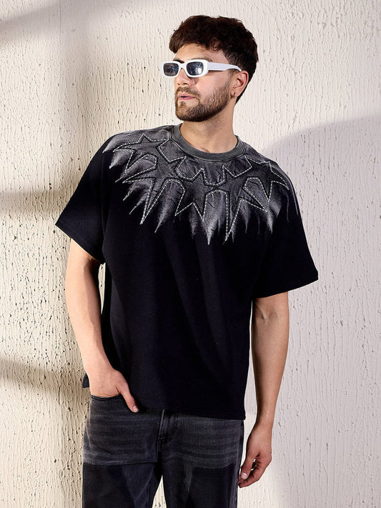 Black Oversized T Shirt Ombre Star Embroidery Mens Streetwear